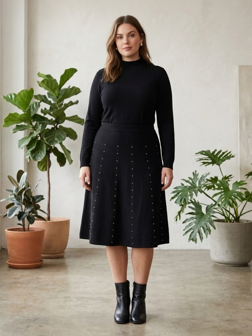 Women's Black Midi Skirt with Stud Detailing
